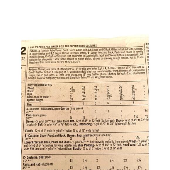 Sewing Pattern Simplicity 9862 Walt Disney's Peter Pan Hook Tinkerbell sizes 3-8 - Picture 3 of 5